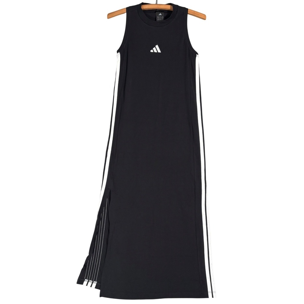 NWT Adidas Womens Black Sleeveless 3 Stripe Maxi Dress Crew Neck Racerback XS
